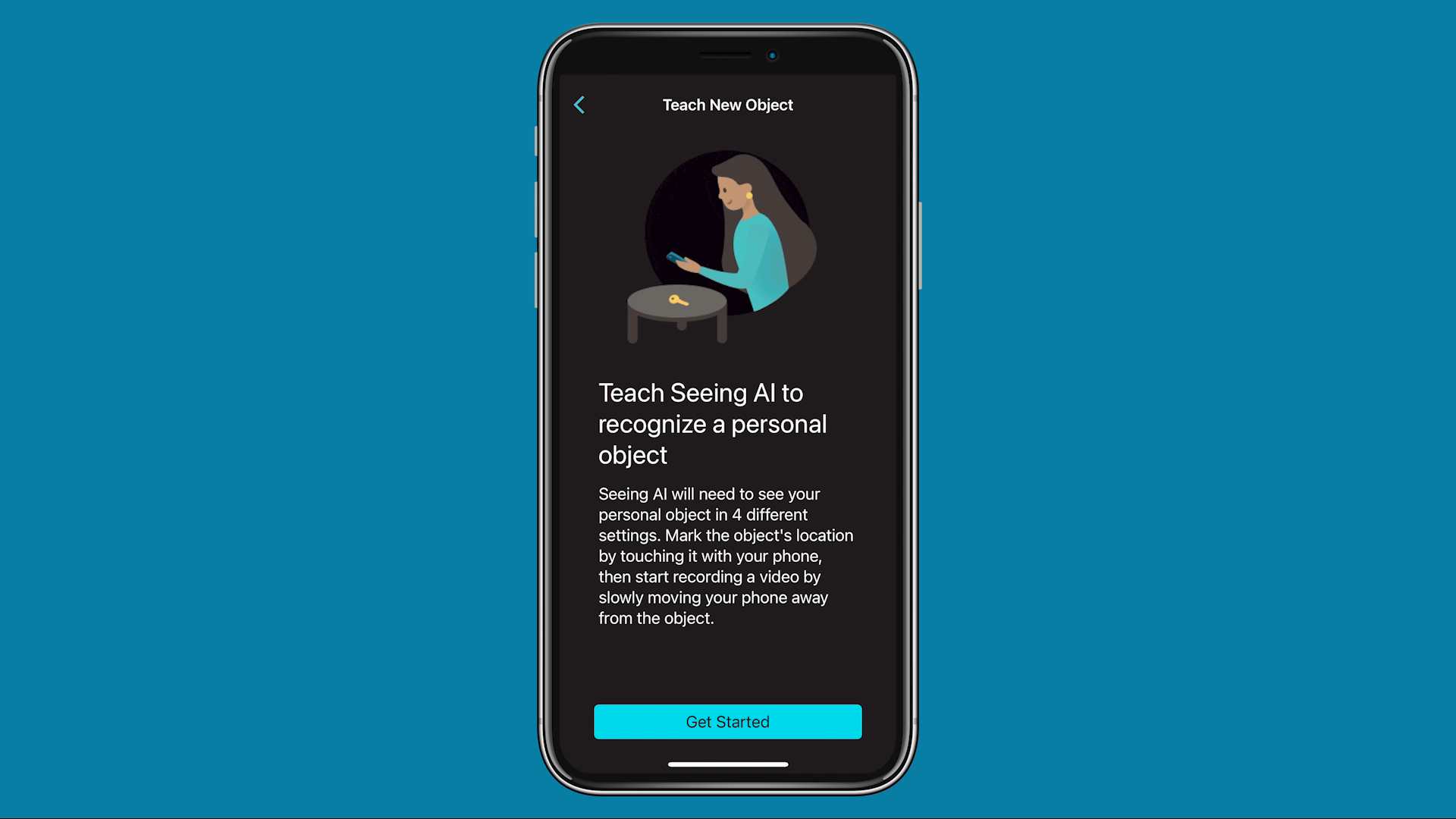 A blind user holding up a phone running Find My Things, panning it across a room to locate a personal object.